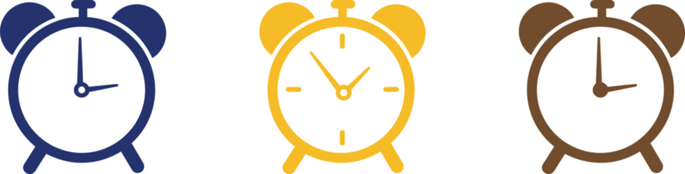 Set of three colorful alarm clock icons representing time management and morning wake up routine.
