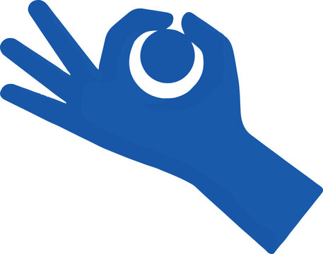 Minimalist blue flat icon of a hand holding a circular object with abstract illustration isolated silhouette interaction creative template