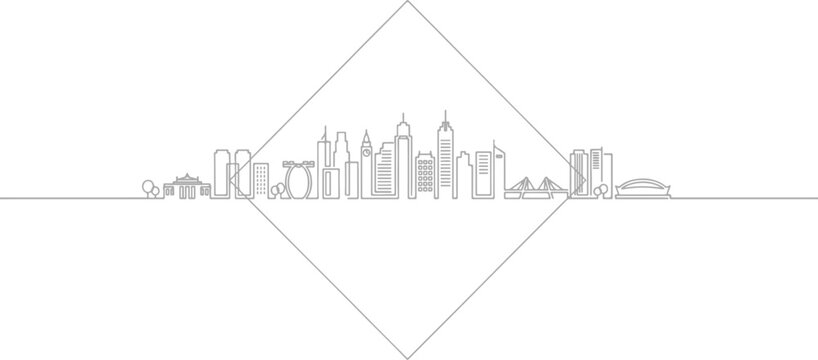 Minimalist continuous line art drawing of modern city skyline inside a diamond frame with architecture minimalist continuous monochrome silhouette building