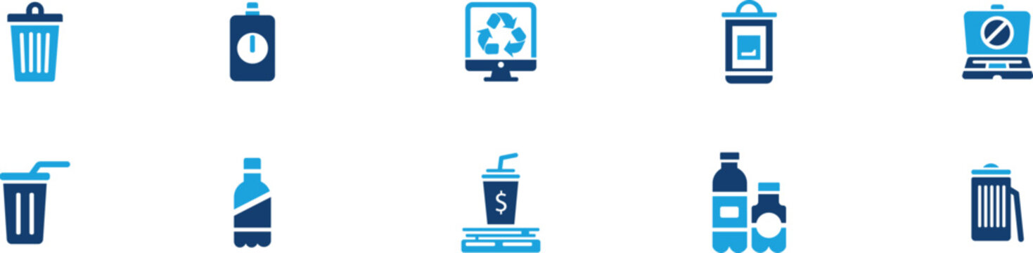 Recycling and waste management icon set showing trash bins, bottles, cups, computer recycling, and eco‑friendly concepts in blue flat vector illustration