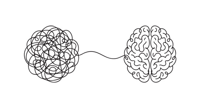 Minimalist line art illustration showing a chaotic scribble transforming into an organized human brain conceptualizing mental health clarity and focus