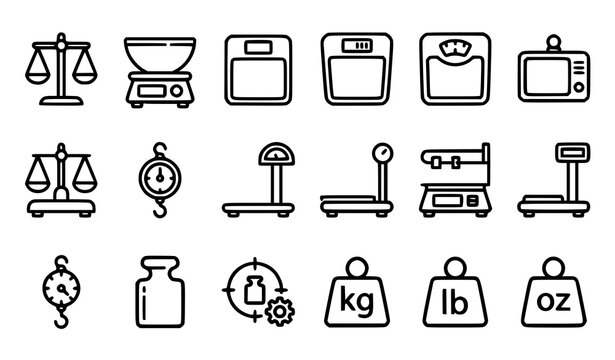Weighing scale and mass measurement outline icon set featuring balance scales, digital kitchen scales, bathroom scales, platform scales, hanging spring scales, and calibration weights.
