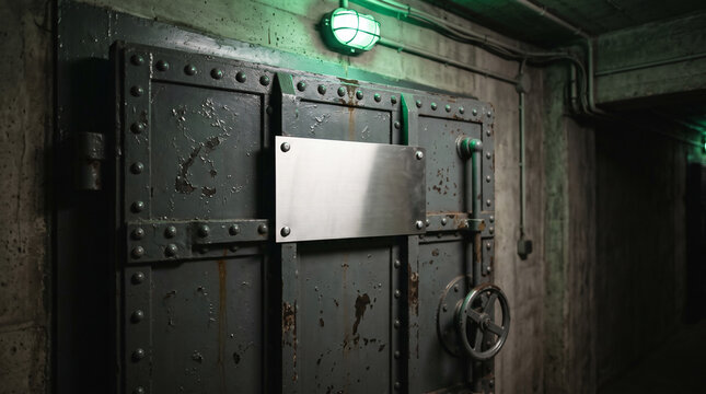 Secure Bunker Entrance: A heavy, industrial steel door, reminiscent of a fallout shelter or secure vault, stands imposing with its riveted construction and manual wheel lock.