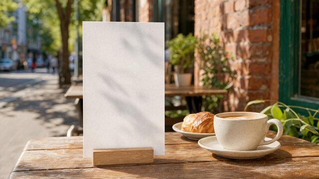 Blank vertical menu card mockup on an outdoor cafe table