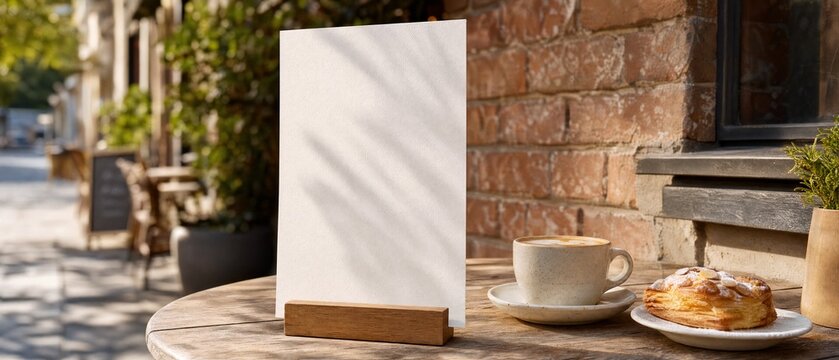 Blank vertical menu card mockup on an outdoor cafe table