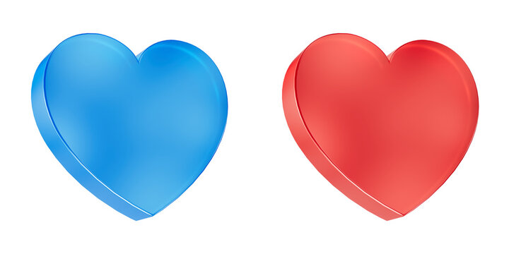 3D Render of Two Glossy Heart Icons in Blue and Red Colors Side by Side Isolated on Transparent Background.