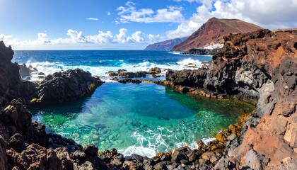 Obraz premium Panoramic view of a natural coastal pool with crystal-clear turquoise water, rocky formations, and a distant mountain
