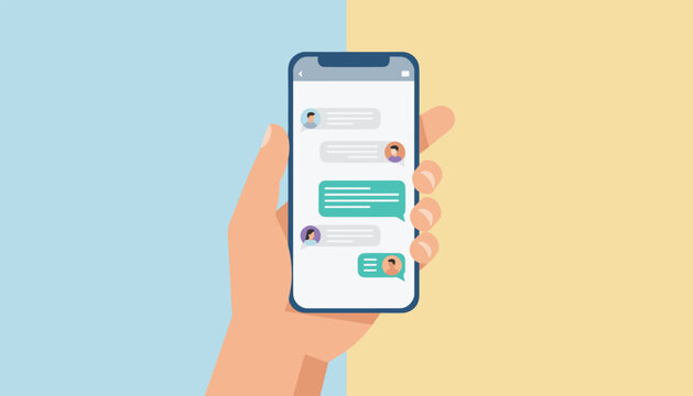 Mobile phone held by a human hand displaying a text messenger chat with three participants on split background.