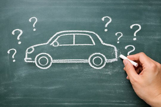 車選びの疑問が黒板に描かれた購入検討の課題を象徴するイメージ
