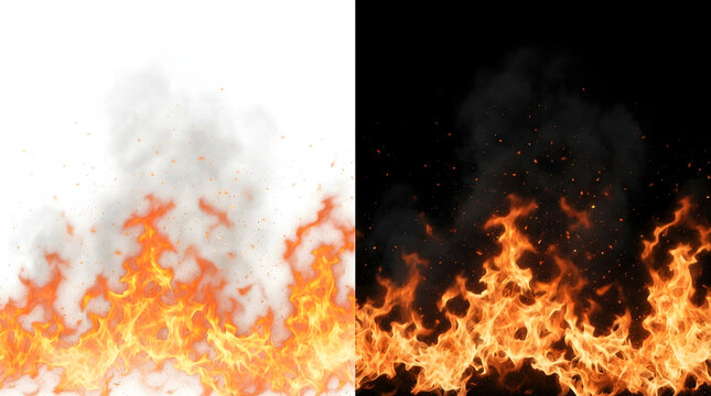 Fire and Smoke Texture: A visually striking contrast of vibrant flames and wisps of smoke presented in a split-screen format.