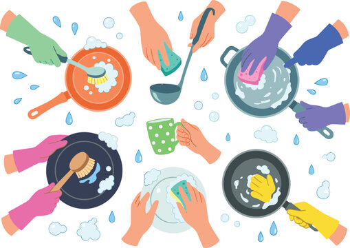 Hands in gloves washing dishes vector set with soapy foam bubbles water splashes plates frying pans pot mug ladle and cleaning sponges isolated on white background