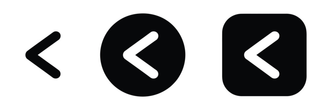 Previous button icons with chevron left, back navigation, and left arrow symbol variations in outline and solid styles using clean minimalist vector graphics for websites, software, dashboards, menus,
