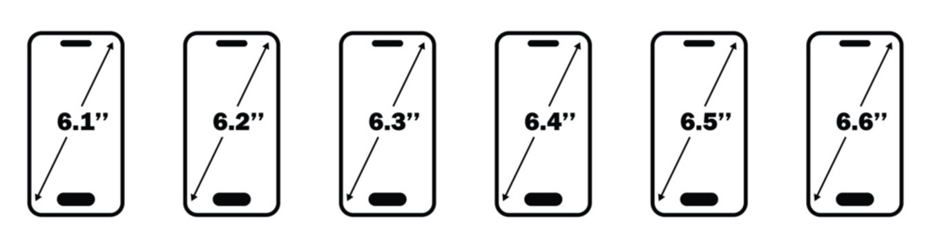 Smartphone Screen Size Comparison Icons 6.1 Inch, 6.2 Inch, 6.3 Inch, 6.4 Inch, 6.5 Inch and 6.6 Inch Mobile Display Outline Set, Phone Dimensions Guide Isolated on White Background Vector