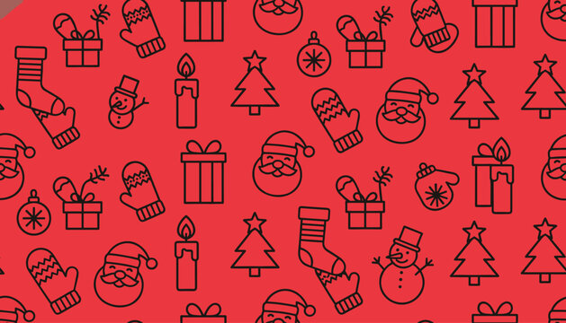 Festive winter seamless pattern featuring outline icons of Christmas trees, Santa Claus, snowmen, and gifts on red.