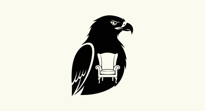 A stylized black and white illustration of a hawk with detailed feathers, a fierce expression, and a small vintage armchair nestled within its body