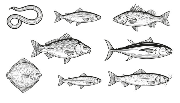 Collection of hand drawn fish illustrations showing various marine species in detailed black and white engraving style.