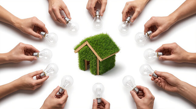 Hands holding lightbulbs surrounding eco house representing collaborative sustainable energy and green innovation