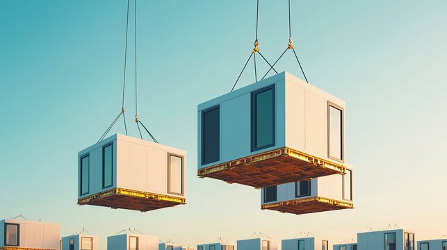 Modular living unit being assembled by robotic cranes, futuristic cityscape, adaptable housing, rapid construction.