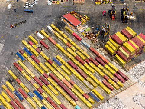 Aerial view of shipping containers in perama port terminal