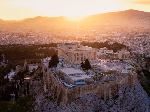 Acropolis of athens, parthenon temple at sunset