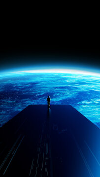 Global technology network view above planet earth at night