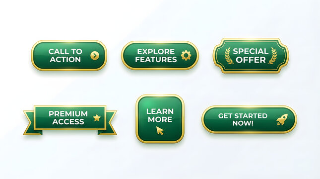 Collection of Green Web Buttons: A set of six distinct green web buttons with gold trim, featuring various calls to action like Call to Action, Explore Features, Special Offer, Premium Access.