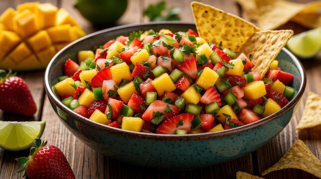 Fresh fruit salsa bowl with diced strawberries mango, green peppers served with crunchy tortilla chips on rustic wooden board. Organic vegan snack meal for healthy eating summer party lifestyle.