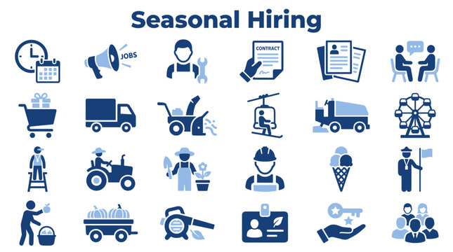 Seasonal hiring and temporary job opportunities collection with diverse industry icons representing workforce recruitment and employment services