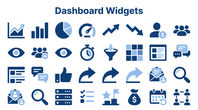 Set of modern blue flat dashboard interface icons representing data analytics business management and digital communication tools for web application design