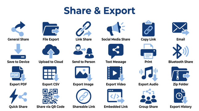 Set of share and export digital icons for mobile applications and web interfaces featuring various file transfer and communication symbols in blue