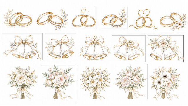 Elegant Wedding Rings Bells and Floral Bouquet Vector Illustration Set