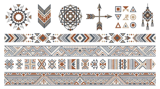 Tribal Patterns and Symbols: A collection of geometric tribal patterns, including circular motifs, chevron designs, arrows, and decorative borders, showcasing ethnic and bohemian aesthetics.