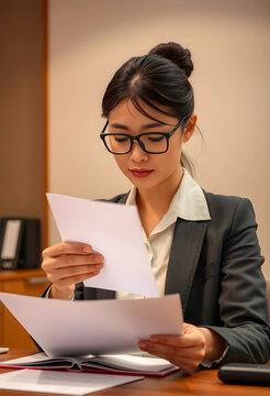 Focused female notary reviewing documents in office