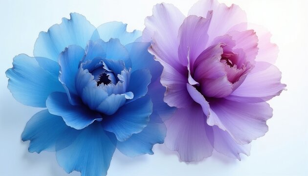 Two abstract flowers blue and purple bloom side by side. Delicate petals unfurl in soft pastel hues against a clean white backdrop. Floral art for nature themes.