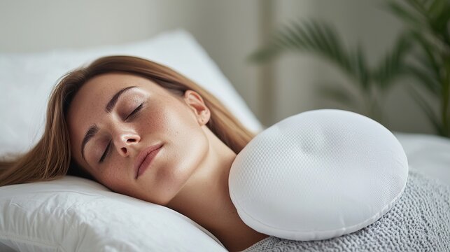 Personalized sleep tracking device integrated into a smart pillow, subtle glowing lights, comfortable sleep, health insights.