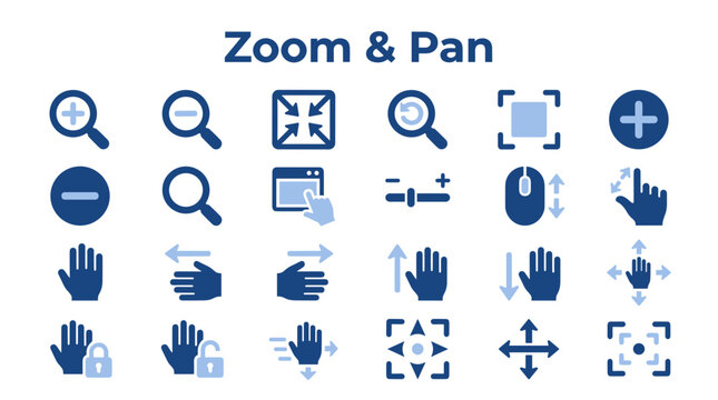 Set of professional zoom and pan user interface icons for digital navigation and screen interaction design