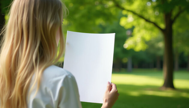 Blonde woman holds white empty magazine cover in rich green park garden. Person looks at blank paper booklet template during sunny day outdoor. Female reader reviews clean brochure sheet mock up