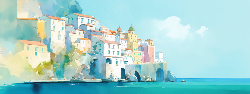 Illustration of a sunny Italian village on the Amalfi coast. Watercolor depiction of a coastal town with a church dome. Mediterranean vacation scene