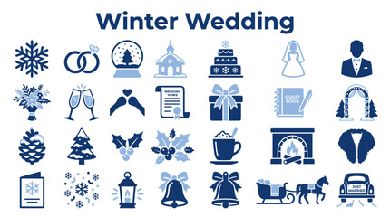 Set of winter wedding icons featuring snowflake bridal elements and seasonal marriage symbols in blue monochrome style