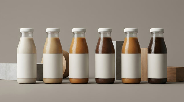 Protein coffee bottles in different shades stand in a row with blank labels, showing ready to drink healthy coffee beverage variety