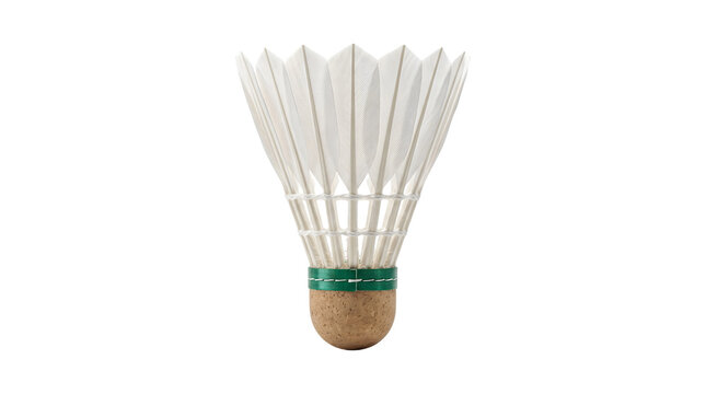 Feathered badminton shuttlecock with cork base and green stitched band is shown as a PNG isolated on a transparent background