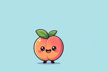 Naklejka na ściany i meble Cute cartoon peach character with happy face, green leaves. Funny smiling fruit icon stands on blue background. Happy mascot design for kids project. Graphic illustration for children book education