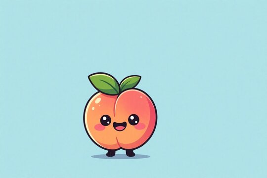 Cute cartoon peach character with happy face, green leaves. Funny smiling fruit icon stands on blue background. Happy mascot design for kids project. Graphic illustration for children book education