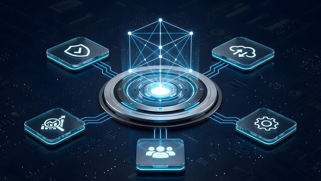 Cloud computing infrastructure network hub with glowing geometric nodes connecting security data processing and team collaboration systems.