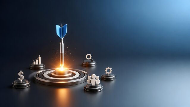Target audience business strategy concept with glowing dart hitting bullseye surrounded by financial growth icons representing success.