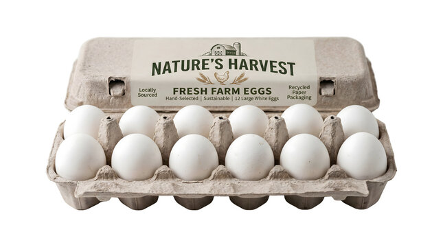 Open cardboard egg carton filled with fresh white eggs and farm branding label is shown as a PNG isolated on a transparent background