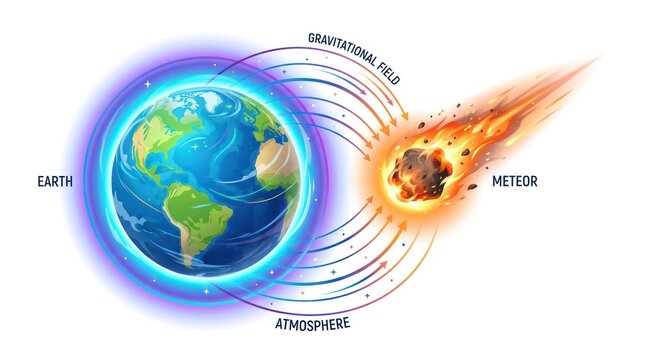 Earth gravity pulling a burning meteor. Asteroid impact trajectory toward planet atmosphere.