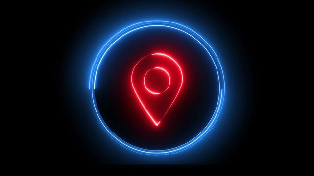 Glowing neon red and blue color location map sign icon animation position tracking direction address tags journey place navigation icon sign symbol on black background