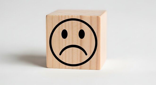 Sad face emoji on wooden block, unhappy expression icon on timber cube, negative feedback and customer dissatisfaction concept