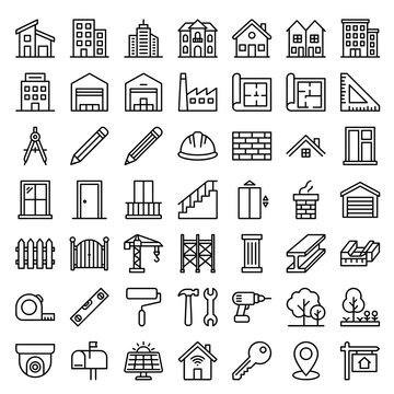 Set of 45 Building and Architecture Outline Icons with Editable Stroke for House Design, Construction, Real Estate, and Urban Planning Vector Collection